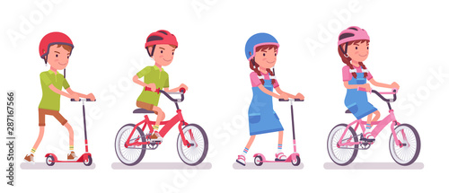 Boy, girl child 7 to 9 years old, school age kid riding a kick scooter, bike. Active fun and outdoor recreation with sport vehicle. Vector flat style cartoon illustration isolated on white background