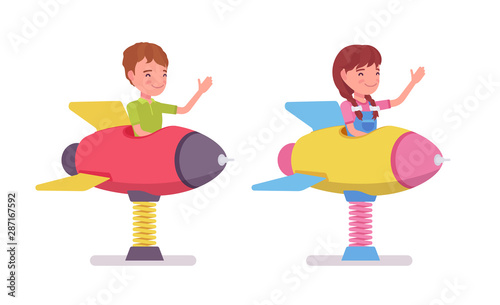 Boy, girl child 7, 9 yo school age kid, rocket spring rider. Active amusement bouncy spaceship fun, entertainment on playground. Vector flat style cartoon illustration isolated, white background