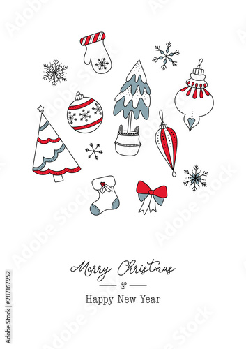 Greetings vector card with christmas elements illustration doodle christmas tree ball snowflake