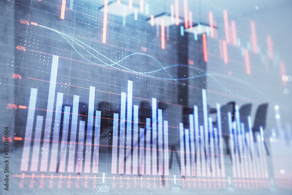 Multi exposure of stock market graph on conference room background. Concept of financial analysis Multi exposure of stock market graph on conference room background. Concept of financial analysis