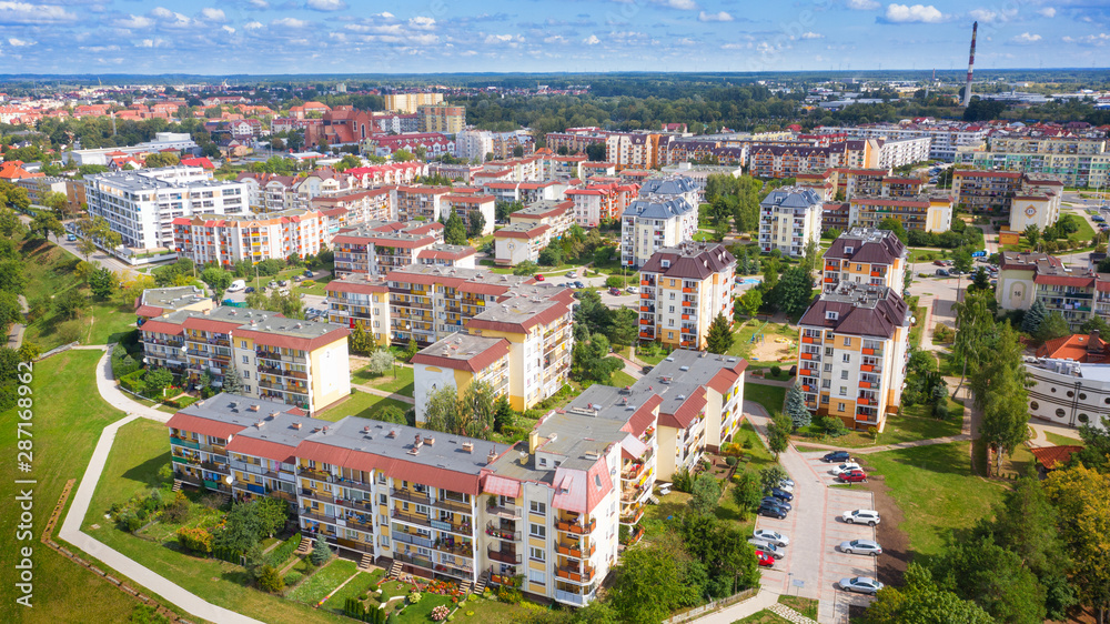 Aerial view of the Bogdanowicz Housing Estate in Elk. Blocks of flats from the 1980s. Masuria, Poland.