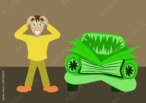 Worried driver with his breakdown car vector illustration. Flat concept design on man standing text to broken car