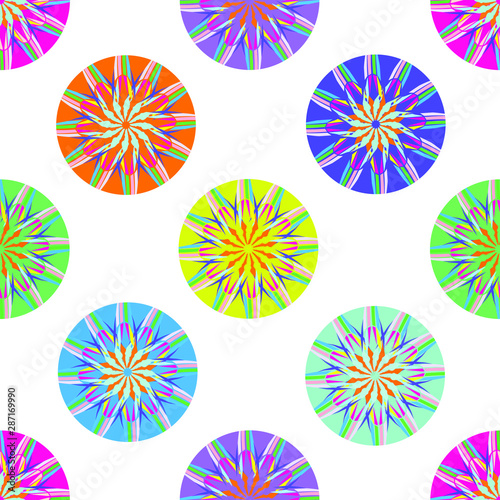 Set of mandalas of different colors, seamless white background, vector