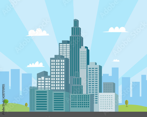 Street of city scene.Main street with tower with sky background.Modern cityscape design.Urban scene with park