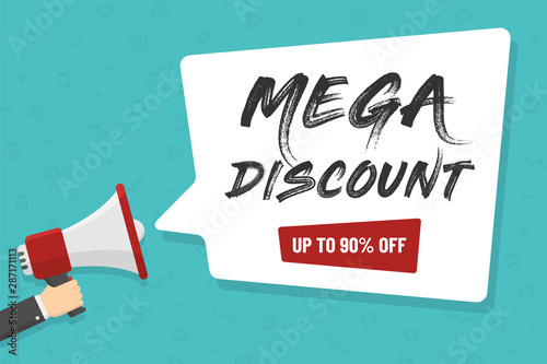 red megaphone in hand with mega discount lettering in white dialog speech bubble vector illustration. up to 90 percent off discount sale. for advertising, promotions, sales, discounts