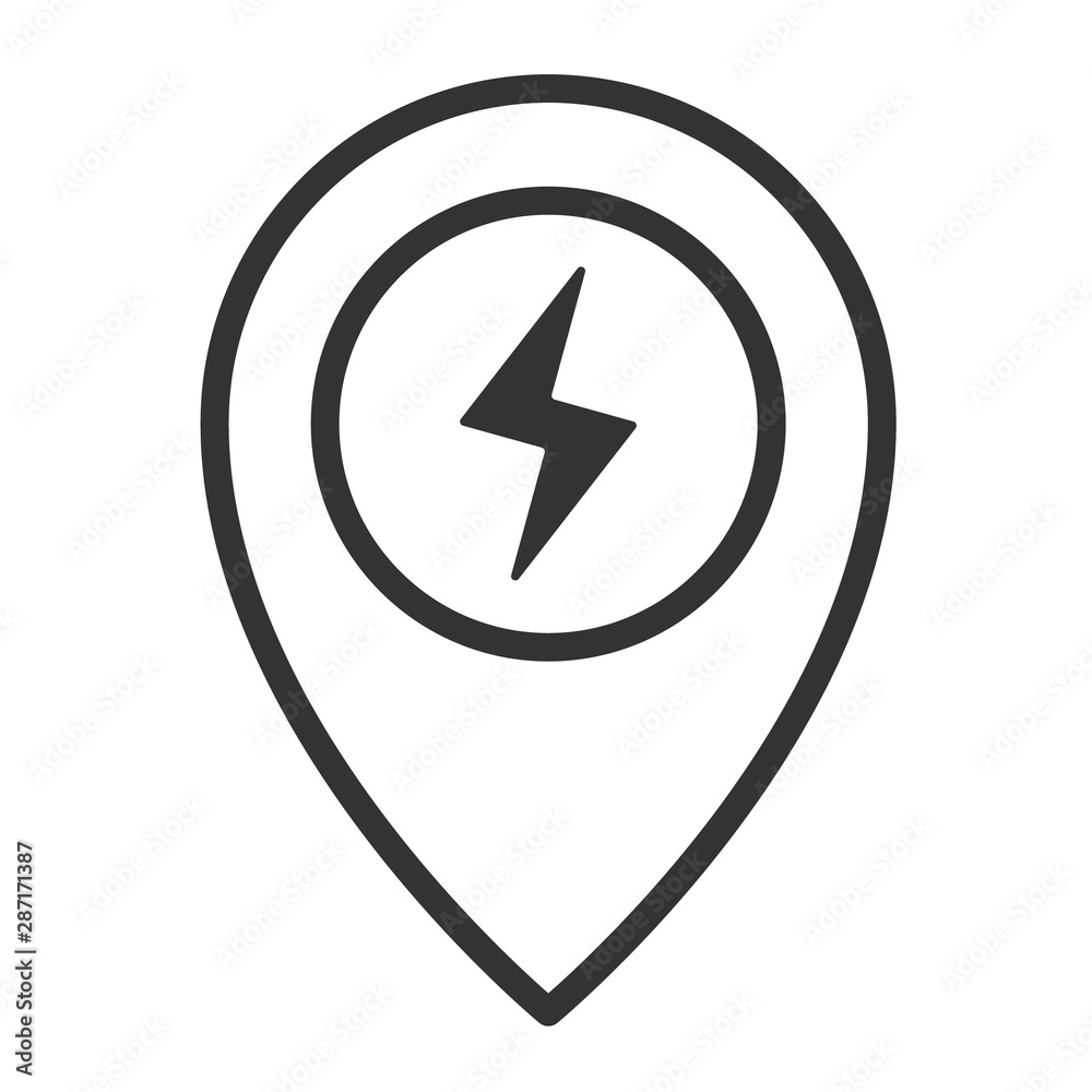 pointer with lightning outline vector icon isolated on white background. charger station location pointer flat icon for web, mobile and user interface design. electric ecological transport concept pointer with lightning outline vector icon isolated on white background. charger station location pointer flat icon for web, mobile and user interface design. electric ecological transport concept