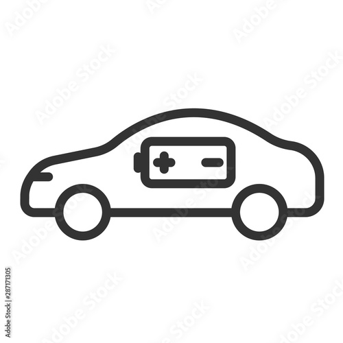 electric eco car with battery acumulator outline vector icon isolated on white background. electric auto car flat icon for web, mobile and user interface design. electric ecological transport concept