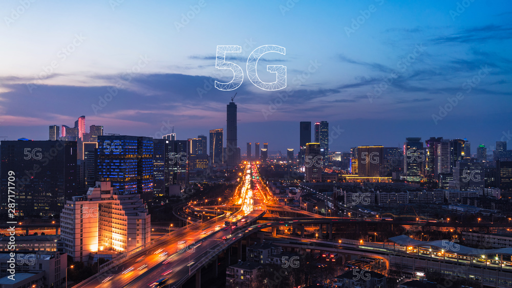 5G technology concept with cityscapes background