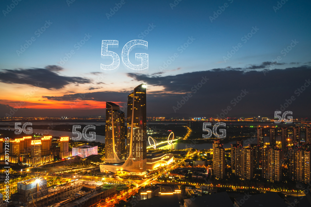 5G technology concept with cityscapes background