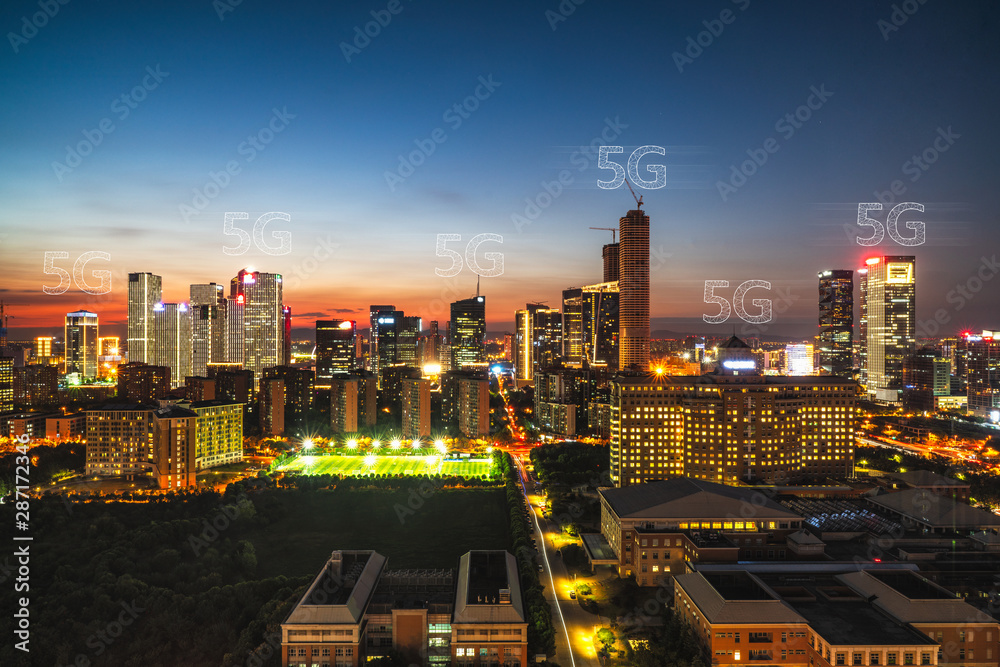 5G technology concept with cityscapes background