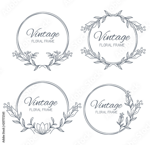 Set hand drawn Floral frame. Floral wreath with leaves for wedding. Decorative elements for design. Vector Illustration