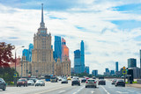 Moscow. Russia. High-rise buildings of Moscow. Highway in the center of the capital. Tour of the buildings of Moscow. Roads in Russia. . Architecture of Russian cities. Panorama of the capital.