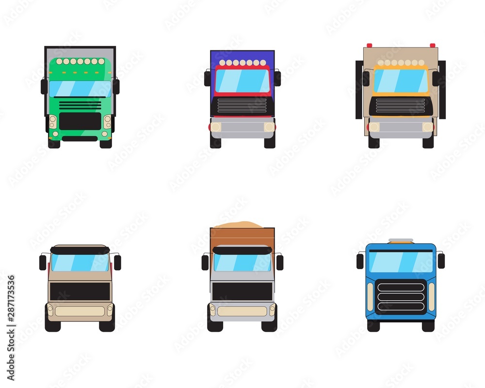 Trailer trucks front view icon set isolated on white. Commercial lorry truck with container, dump truck, garbage truck. Vector illustration Trailer trucks front view icon set isolated on white. Commercial lorry truck with container, dump truck, garbage truck. Vector illustration