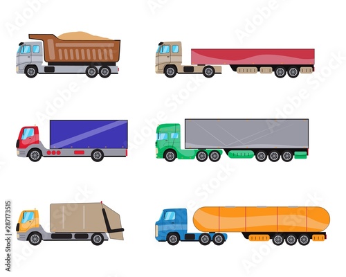 Trailer trucks side view icon set isolated on white. Commercial lorry truck with container, dump truck, garbage truck. Vector illustration