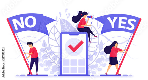 People fly flag to choose yes or no to give feedback. Online polling mobile apps to choose to agree or disagree on an issue or problem. Vector Illustration For Web, Landing Page, Banner, Mobile Apps