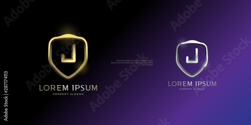 set of shiny 3d metallic gold and silver shield icon, initial letter J monogram custom logo template