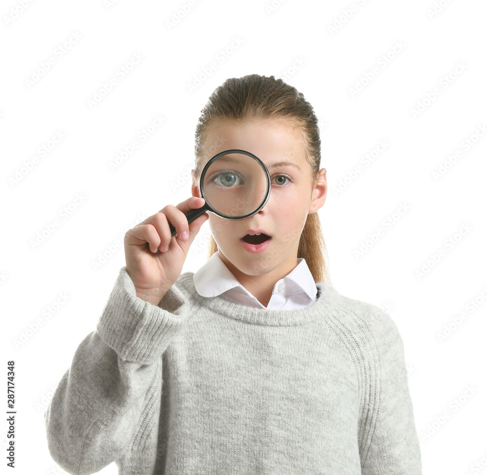 Surprised little girl with magnifying glass on white background Surprised little girl with magnifying glass on white background