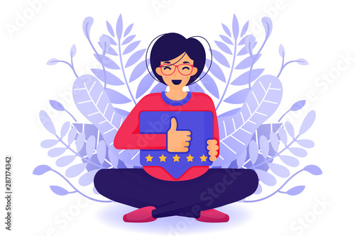 Guy Gives Likes And Positive Ratings With a Hand Thumb Up Symbol and Notification. Five Stars Service Product Rate Recommendation Opinion And Customer approve. Vector Illustration For Web Landing Page