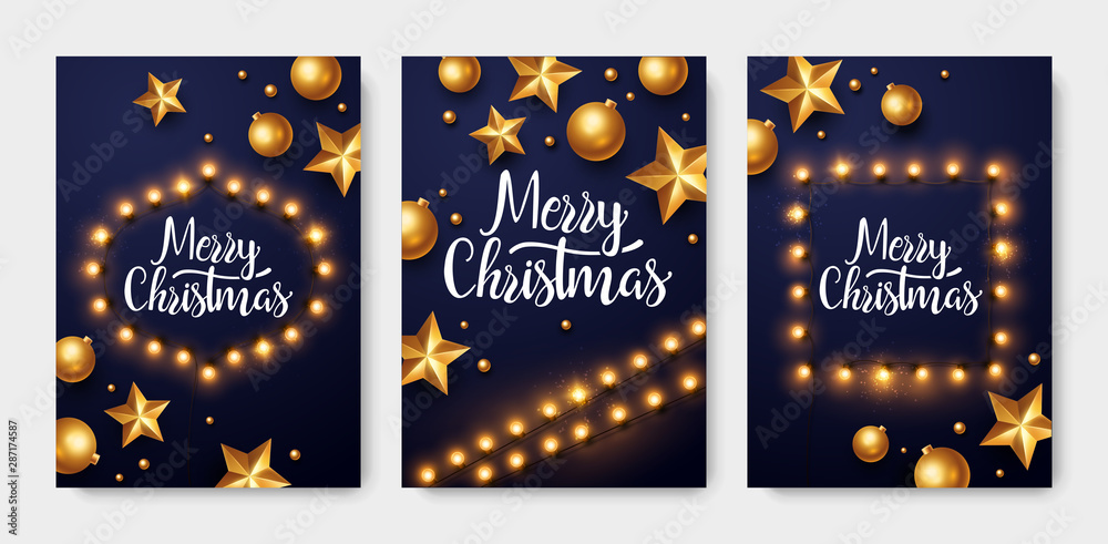 Christmas greeting card set. Backgrounds with Christmas lights and decorations.