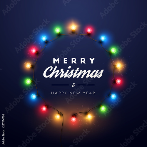 Merry Christmas background with christmas lights. Holiday illustration.