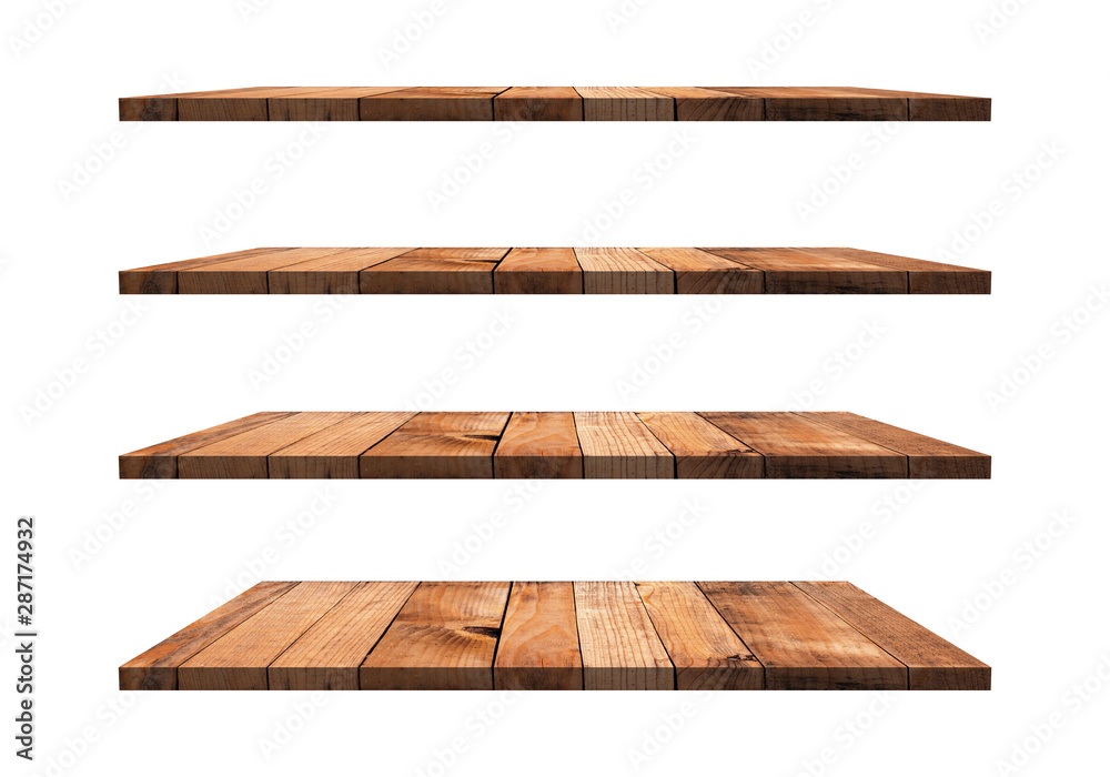 A collection of brown wooden shelves on a white background that separates the objects. There are Clipping Paths for the designs and decoration