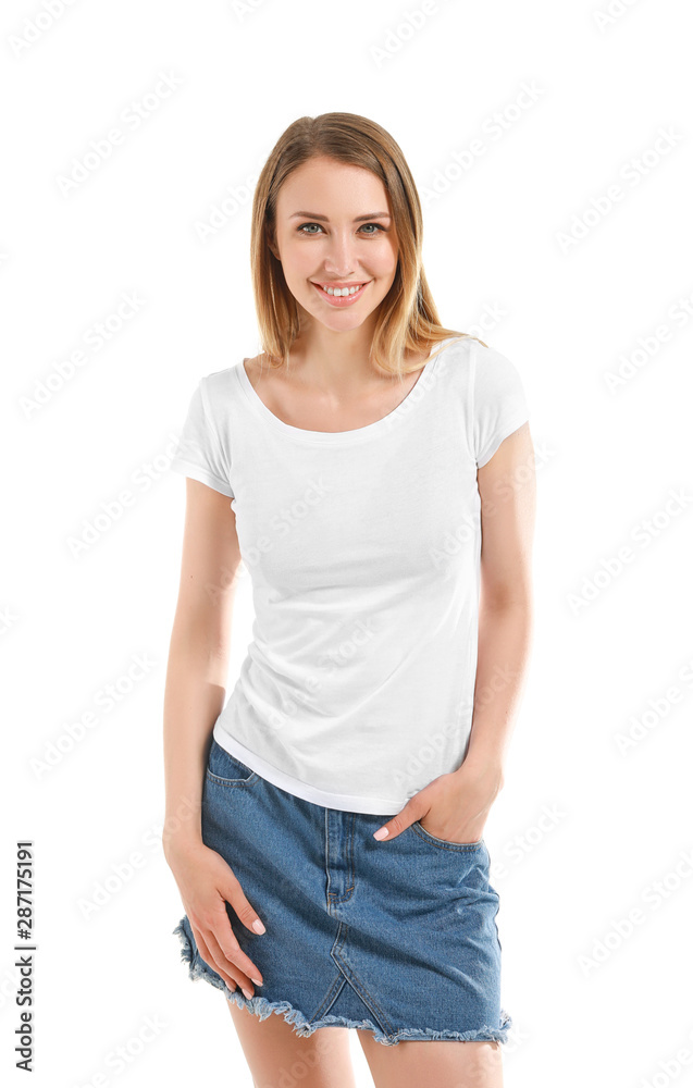 Woman in stylish t-shirt on white background