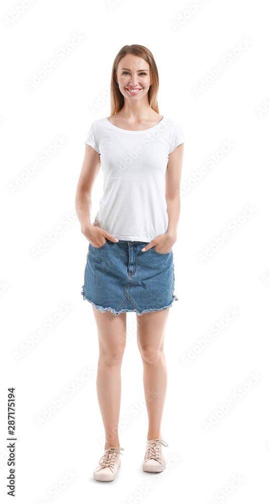 Woman in stylish t-shirt on white background Woman in stylish t-shirt on white background