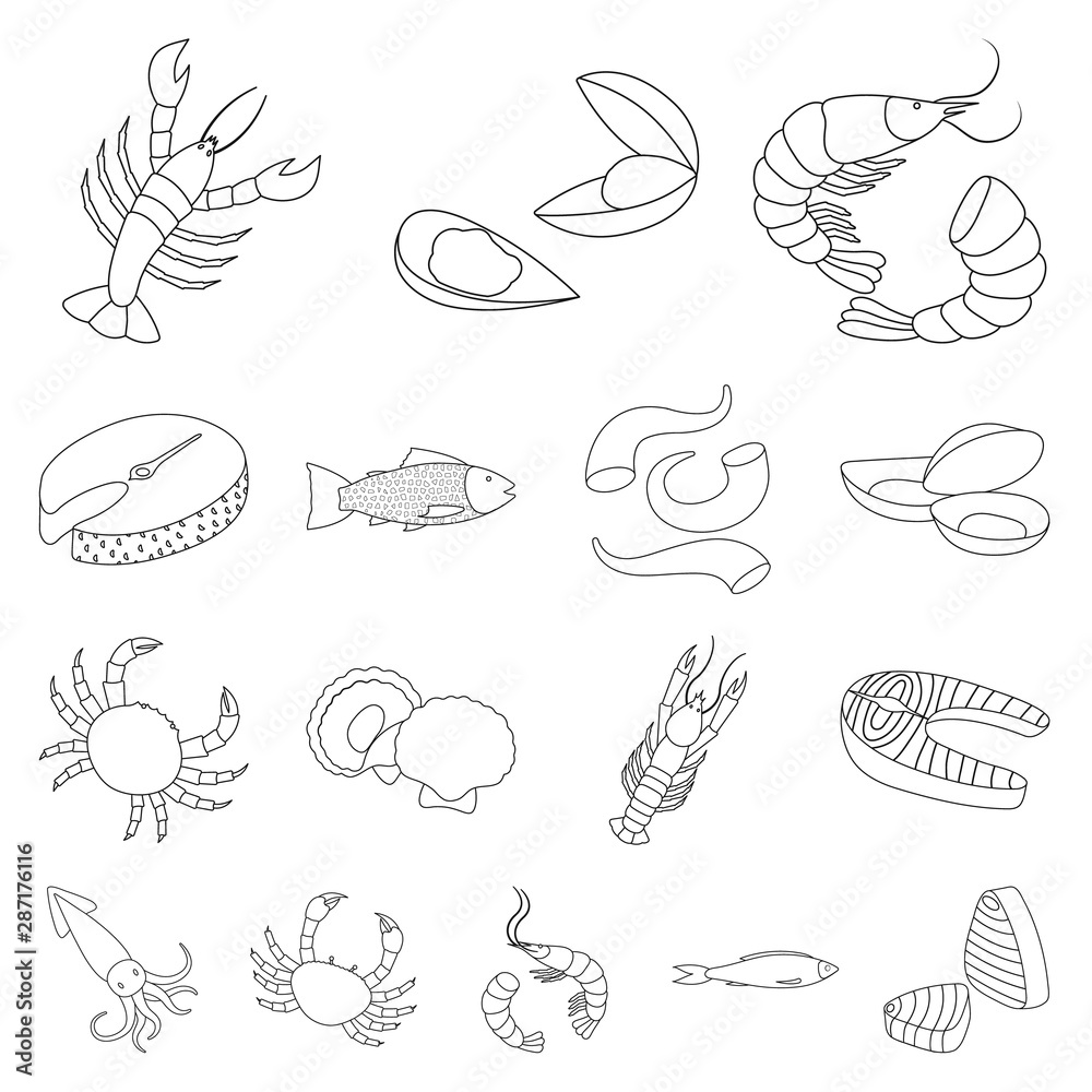 Vector illustration of food and sea symbol. Collection of food and healthy stock vector illustration. Vector illustration of food and sea symbol. Collection of food and healthy stock vector illustration.