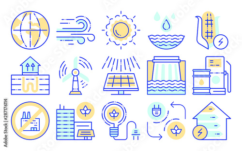 Alternative energy resources line color icons set. Green city vector pictograms. Eco friendly. Environment protect symbol. Sign for web page, app, promo. UI UX GUI design element. Editable stroke.