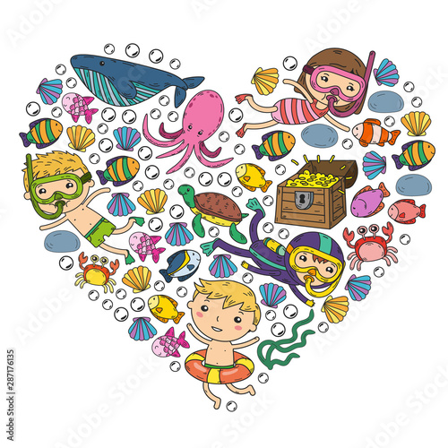 Underwater. Kids waterpark. Sea and ocean adventure. Summertime. Kids drawing. Doodles image. Cartoon creatures with children. Boys and girls swimming
