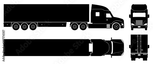 Semi trailer truck silhouette on white background. Vehicle icons set view from side, front, back, and top