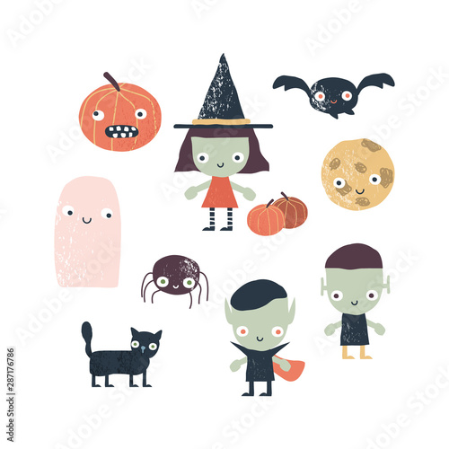 Funny Halloween collection. Kids simple cute graphic. Vector hand drawn illustration. 