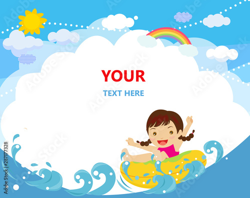 Illustration of a young cheerful girl relaxing on inner tube
