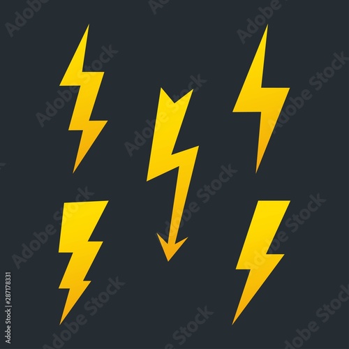 Set of lightning bolt. High voltage icon. Thunder bolt  lighting strike symbol. Battery charger pictogram. Template for your design.