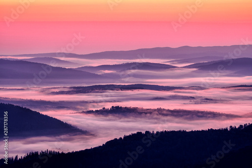 Fototapeta Naklejka Na Ścianę i Meble -  Beautiful misty sunrise in the mountains. Bieszczady Mountains. Poland.