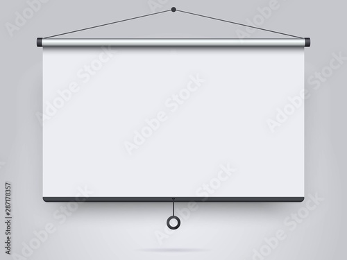 Empty projection screen on the wall background. Mock up template for your design. Concept of presentation board, advertising, blank whiteboard for conference and projects.