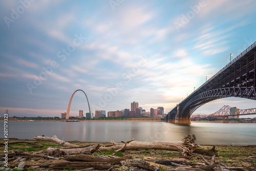 St. Louis, Missouri, USA downtown cityscape on the Mississippi River photo