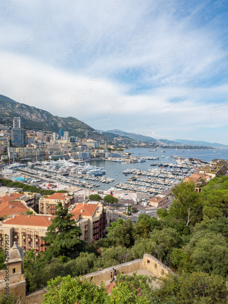 Monaco, july 2019: Monte Carlo cityscape. Real estate architecture on mountain hill background. Many high-rise buildings in downtown area. Yachts moored at town in sunny summer Day