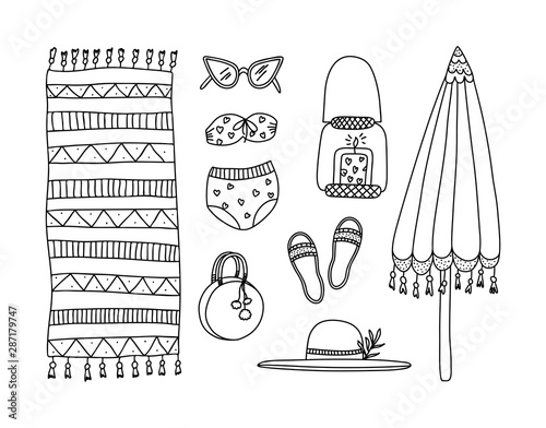 Bohemian summer elements hand drawn illustration set holidays