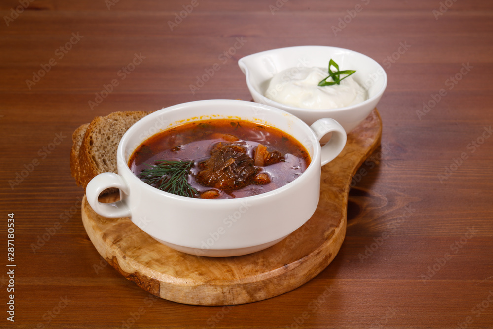 Traditional Russian borsch with meat Traditional Russian borsch with meat