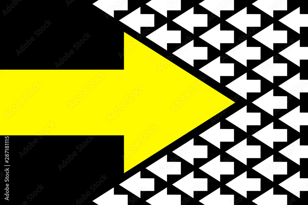 © lukbar - Going your own way concept. Yellow arrow in the opposite direction among white on black background. © lukbar - Going your own way concept. Yellow arrow in the opposite direction among white on black background.