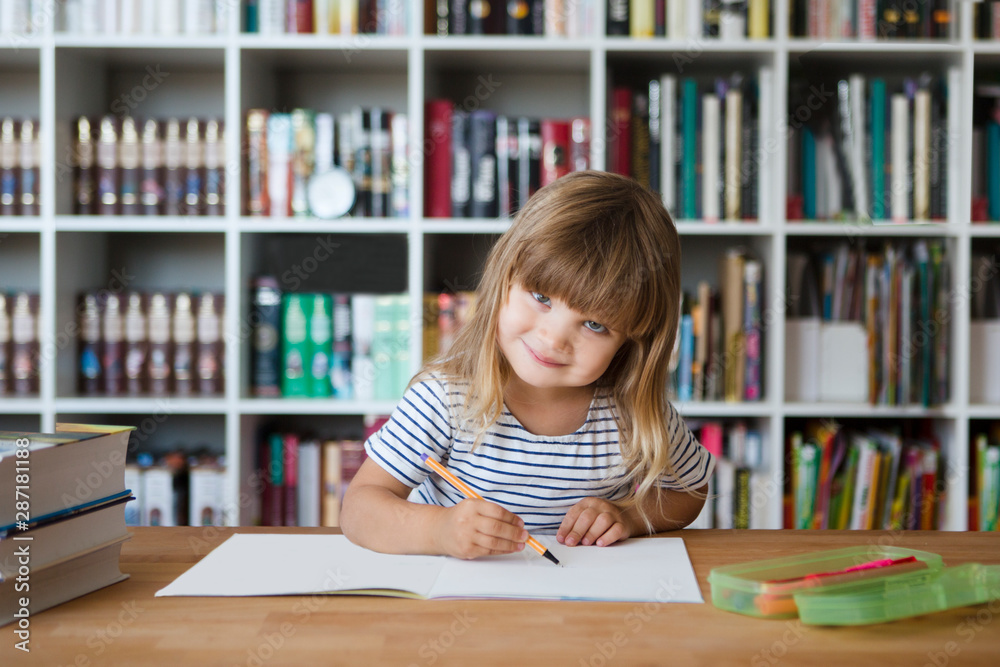 back to school. schoolkid drawing at the desk with a bookcase against the background of back to school. schoolkid drawing at the desk with a bookcase against the background of