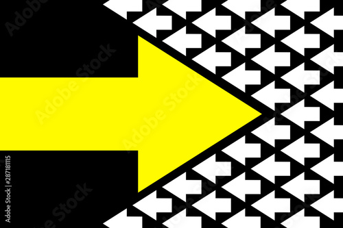 Going your own way concept. Yellow arrow in the opposite direction among white on black background.
