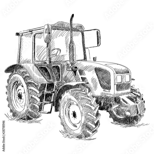 Agricultural machinery for field work. Tractor on big wheels. Vector illustration isolated on a white background.