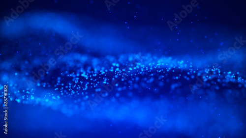 Futuristic blue dots background with a dynamic wave. Big data visualization. 3d rendering.