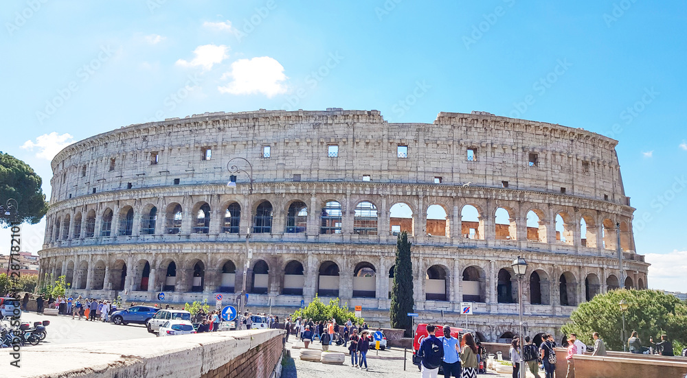 Rome italy April 30 2019, Building of Colosseum - Amphitheatre in the centre of the city of Rome, Architecture and landmark. Rome Colosseum is one of the main and famous attractions. Postcard of Rome.