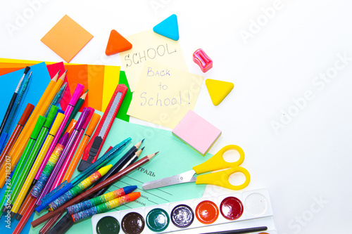 Stationery layout. School theme. Preparing for school .Color school supplies isolated on white background. Study