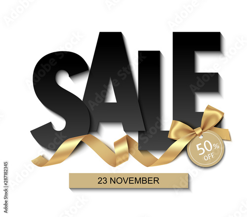 Black friday sale design template. Black text with decorative golden bow and price tag. Vector illustration.