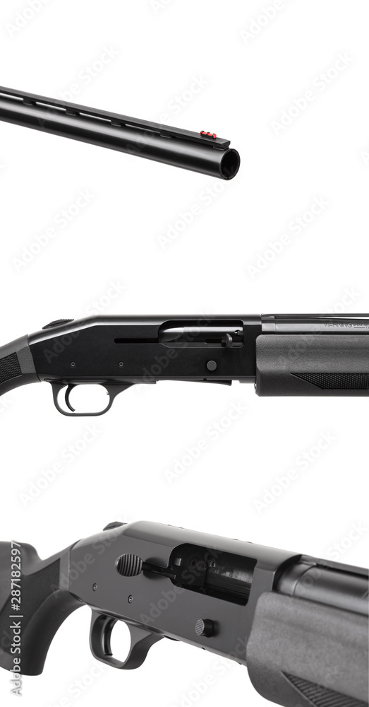 Modern black shotgun isolate on white background. Black semi-automatic shotgun on a light background.