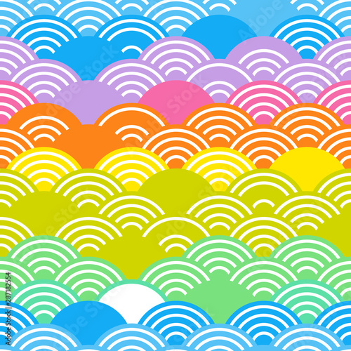 Seigaiha or seigainami literally means blue wave of the sea. rainbow seamless pattern abstract scales simple Nature background japanese circle purple pink yellow blue green bright colors. Vector